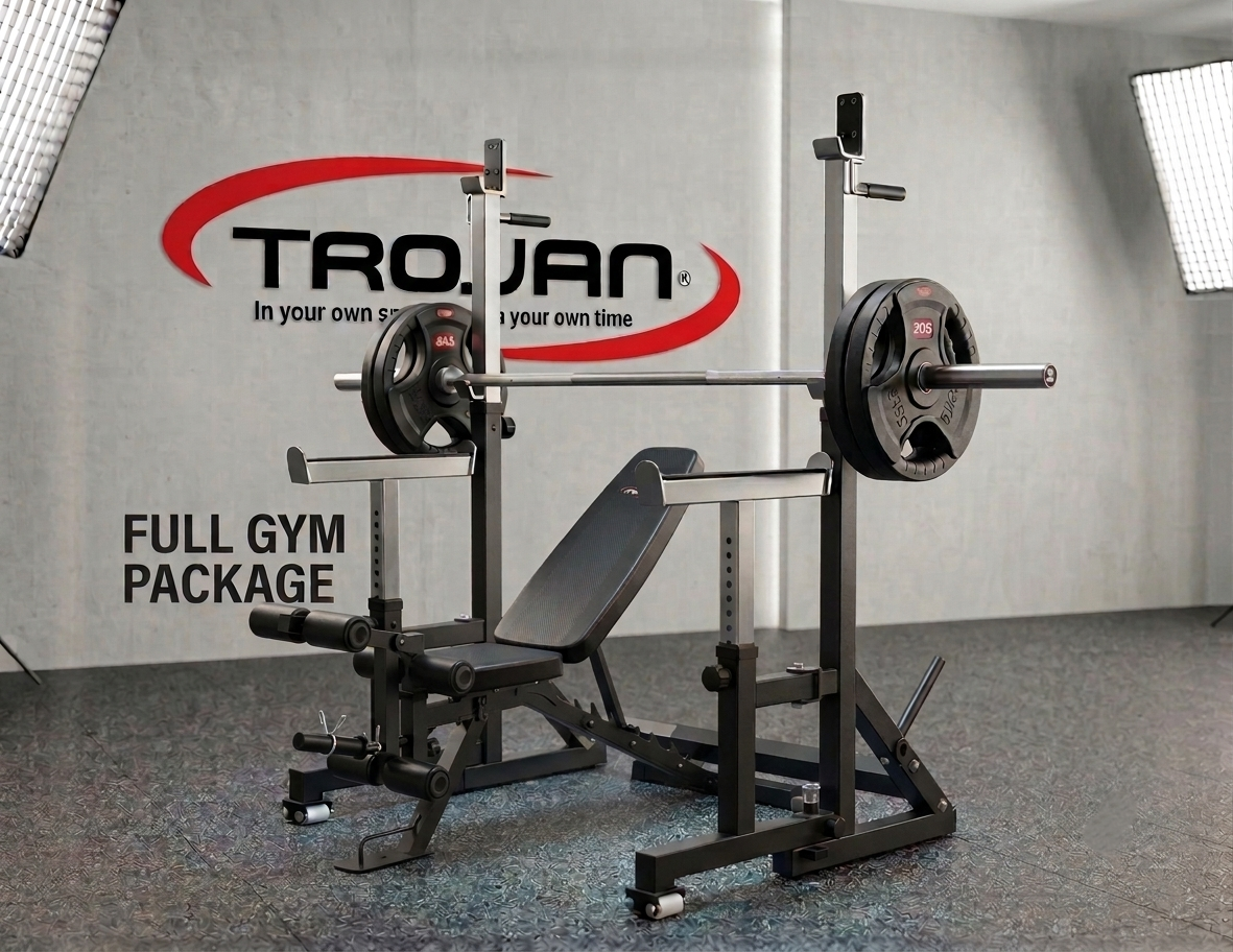 Trojan TRFSR Folding Squat Rack | TRFID350 Bench | 80 Kg Olympic Plates + 20 Kg Barbell Pak