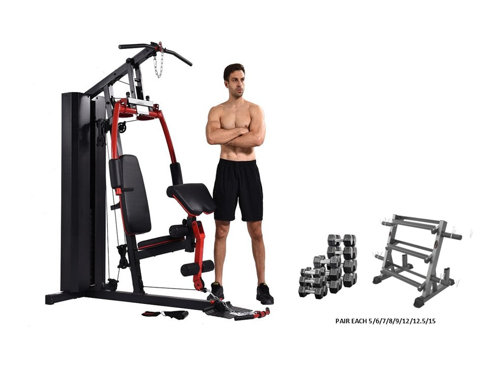 Home Gym Inc 205 Lbs Stack + Dumbbell Rack + 145 Kg Hex Dumbbells Bundle