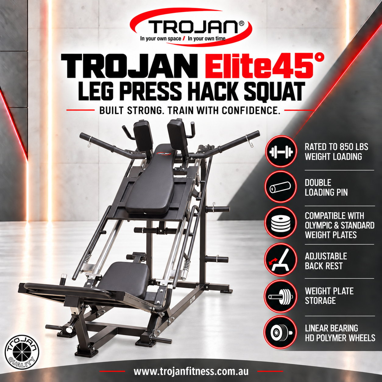 Elite45° Leg Press Hack Squat 850 Lbs Load Power Band Pins Double Plate Load