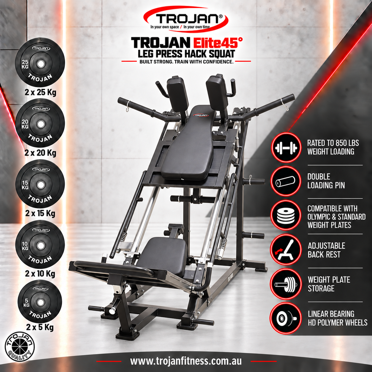 Elite45° Leg Press Hack Squat + 150 Kg Bumper Plates