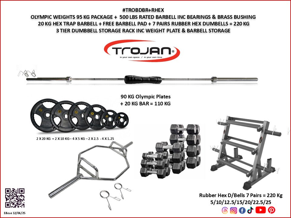 Olympic Lifting Combo: 90 Kg Plates + 20 Kg Barbell, 20 Kg Trap Bar, 220 Kg Dumbbells & Rack