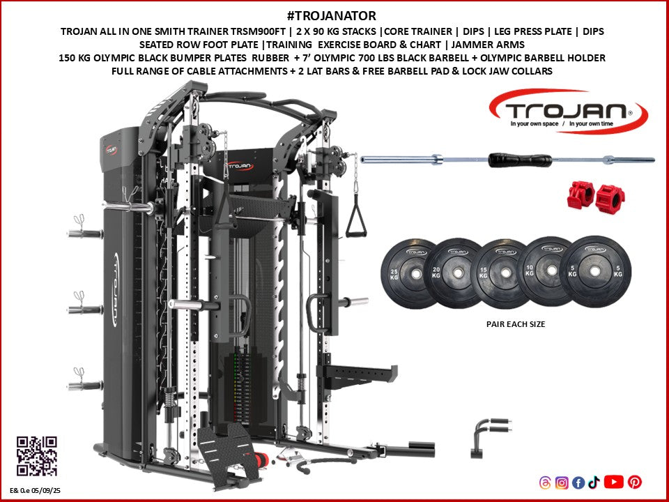 Trojan TRSM900FT Smith All in 1 Functional Trainer Leg Press + Jammer Arms + 150 KG Bumper Plates