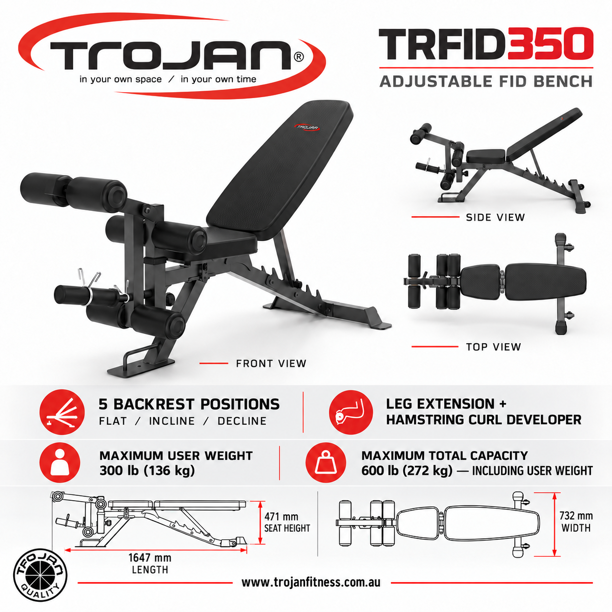 Trojan TRFSR Folding Squat Rack | TRFID350 Bench | 150 Kg Bumper Olympic Plates + 20 Kg Bar Pak
