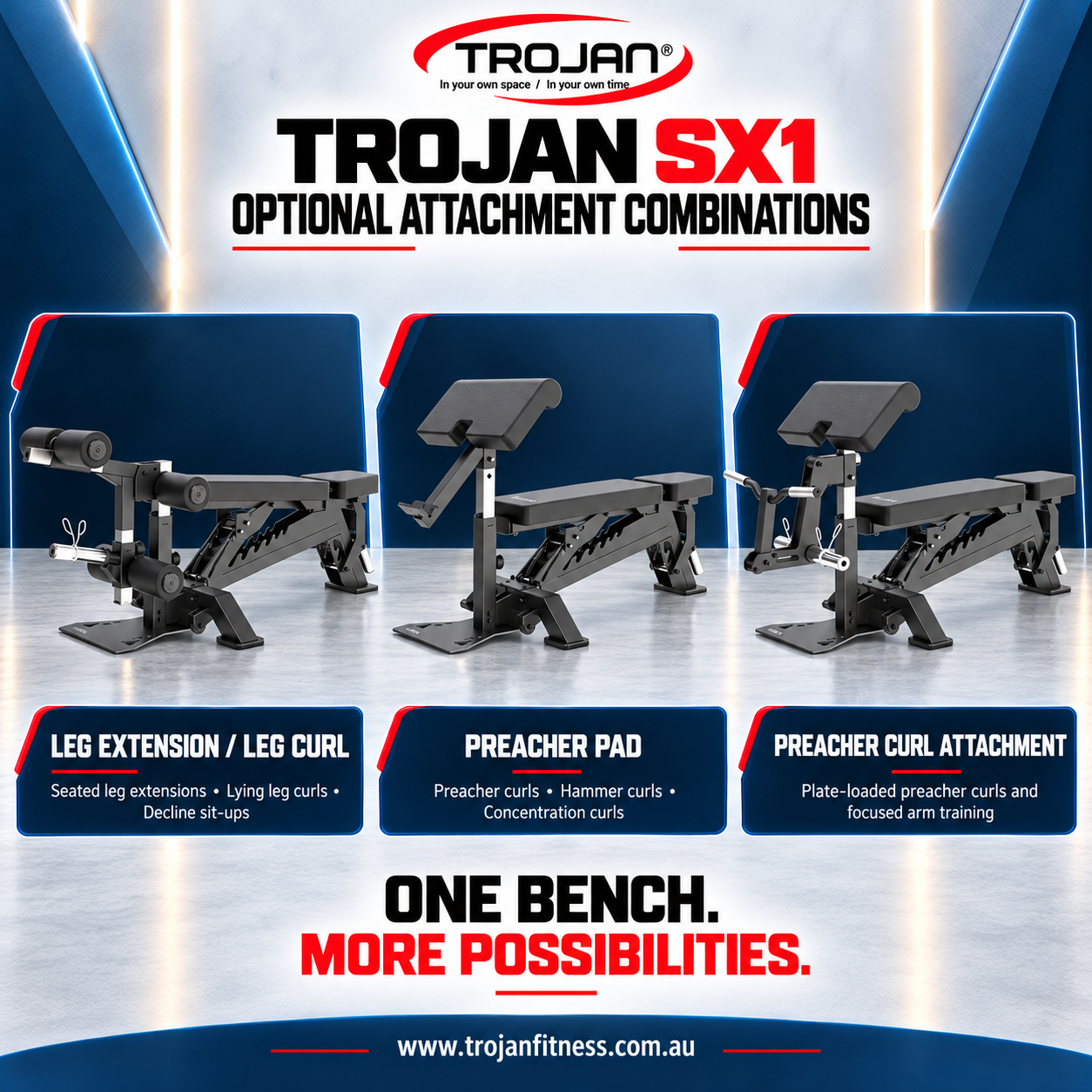 Trojan SX1 Elite Commercial Adjustable Bench & Preacher Curl Attachment Plate Loaded