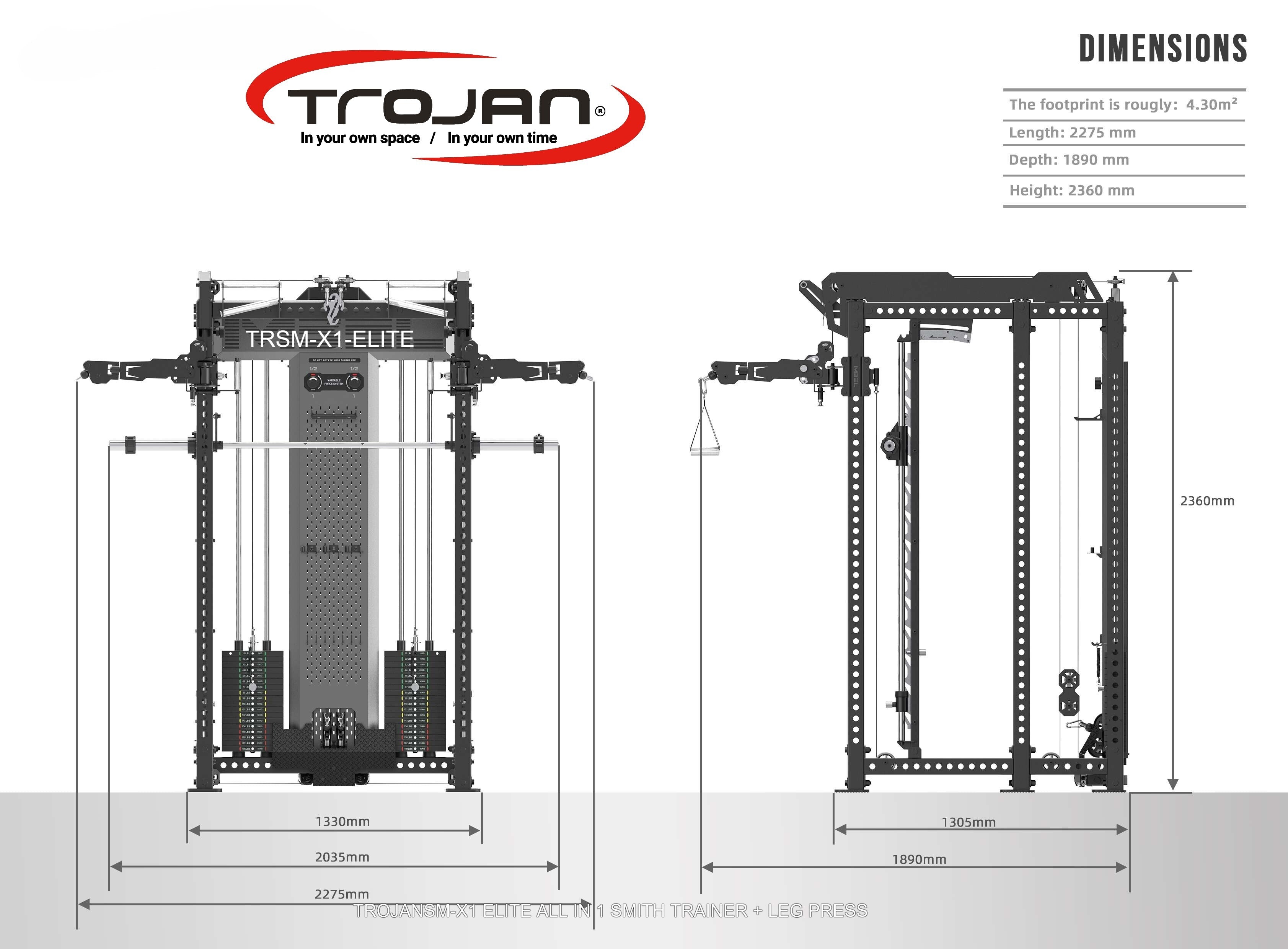 TRSM-X1 ELITE Power Rack Smith Machine & Functional Trainer | Dual 90kg Stacks | 1:1 - 2:1 Cable Ratio