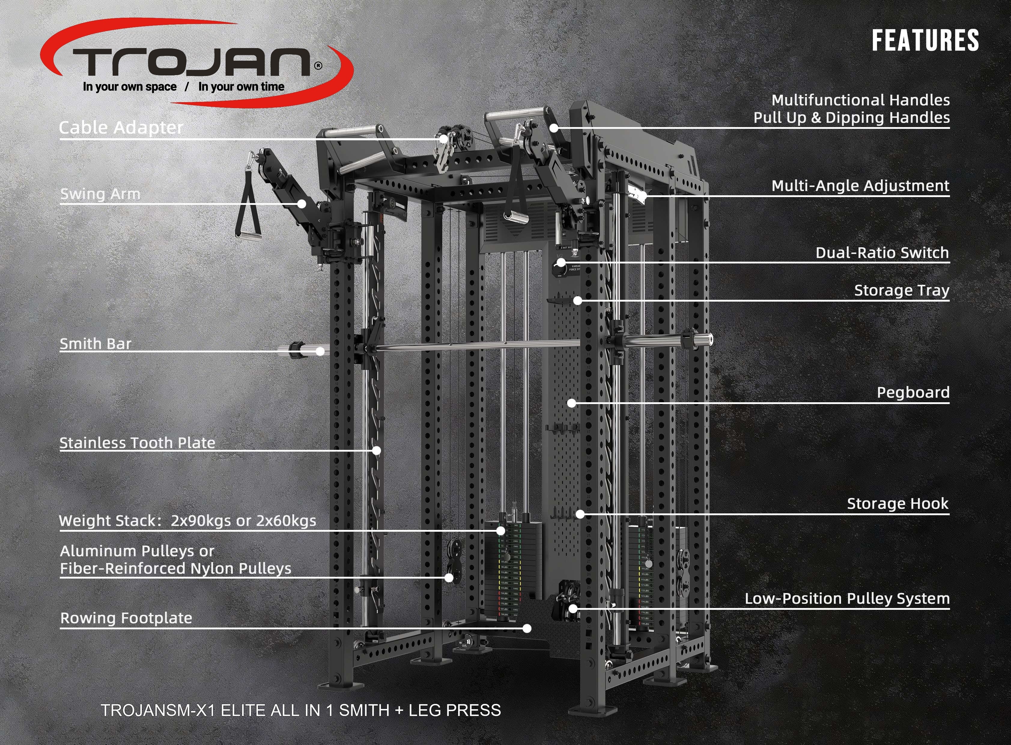 TRSM-X1 ELITE Power Rack Smith Machine & Functional Trainer | Dual 90kg Stacks | 1:1 - 2:1 Cable Ratio