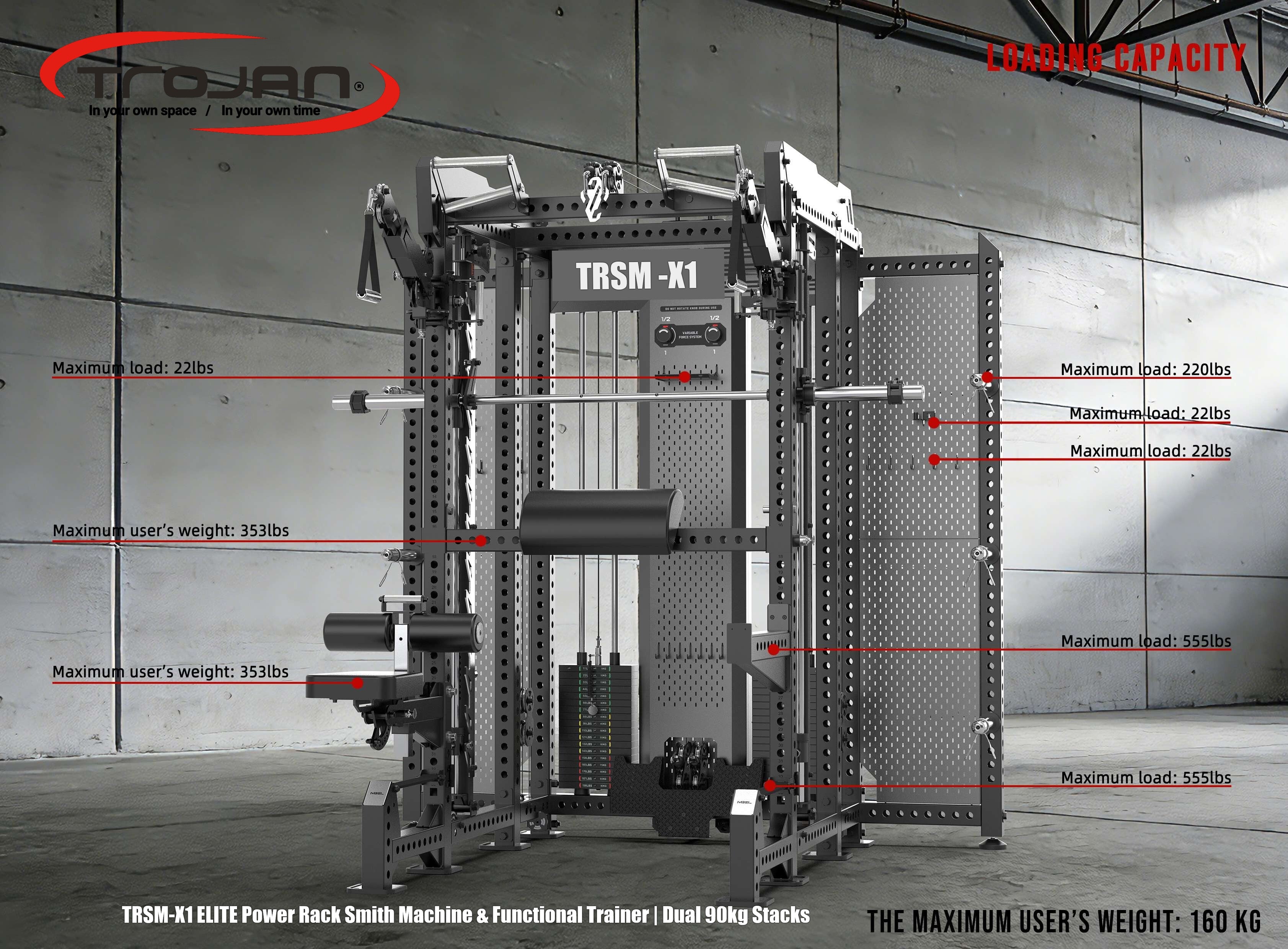 TRSM-X1 ELITE Power Rack Smith Machine & Functional Trainer | Dual 90kg Stacks | 1:1 - 2:1 Cable Ratio