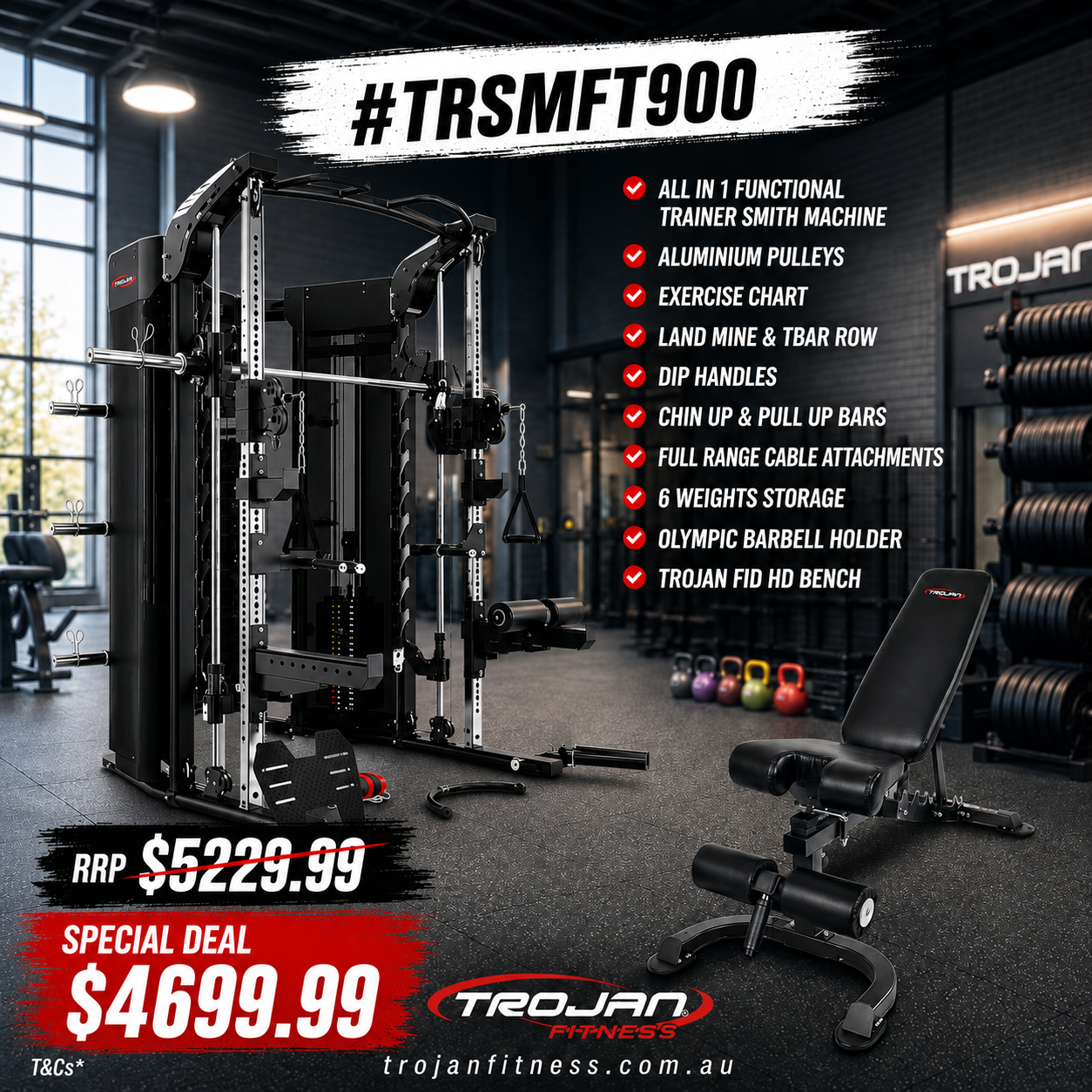 Trojan TRSM900FT Smith All in 1 Functional Trainer Leg Press + FID Bench