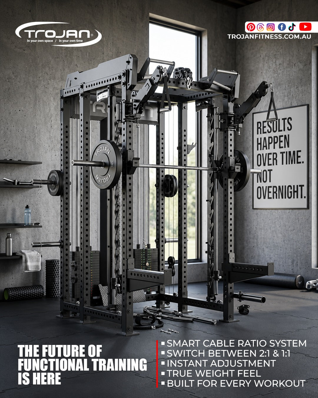 TRSM-SX1 ELITE Power Rack Smith Machine & Functional Trainer | Dual 90kg Stacks | 1:1 - 2:1 Cable Ratio + FREE Bench
