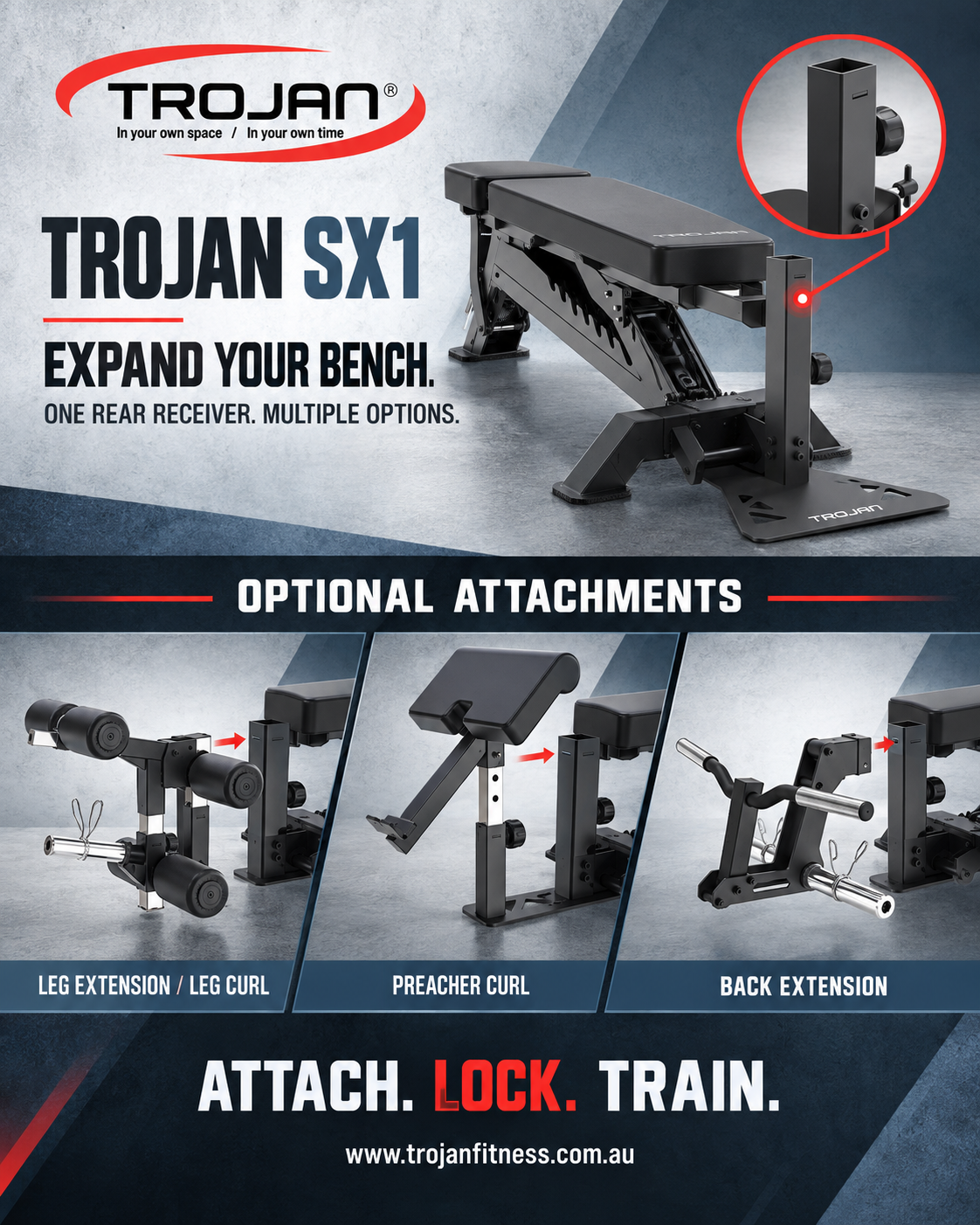 Trojan SX1 Elite Commercial Adjustable Bench & Preacher Curl Attachment Plate Loaded