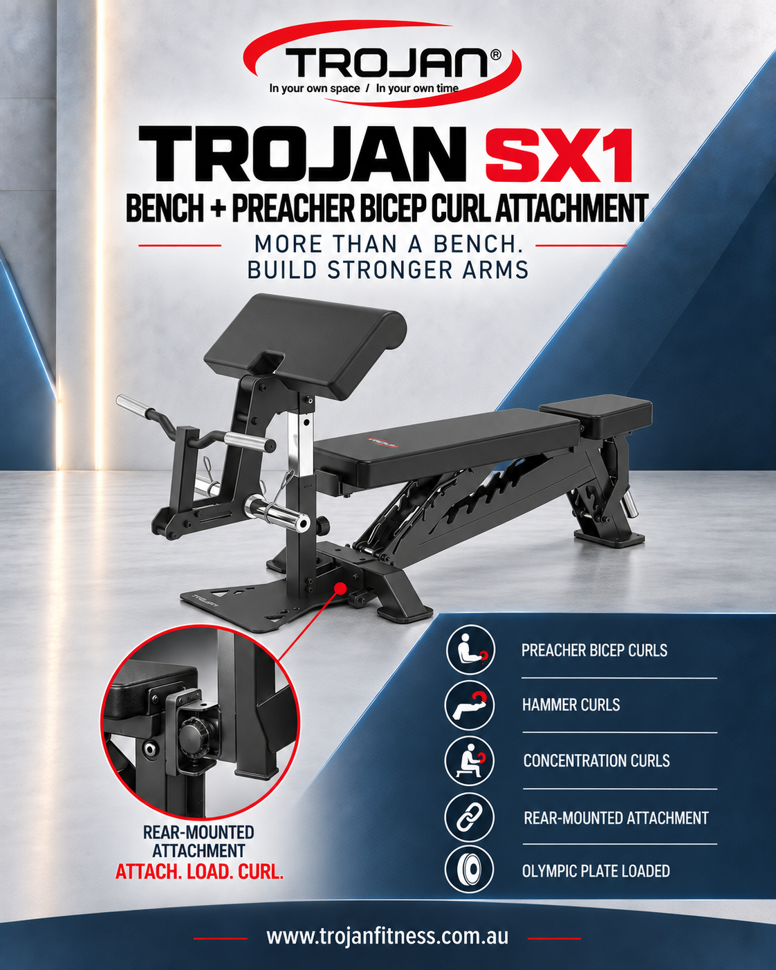 Trojan SX1 Elite Commercial Adjustable Bench & Preacher Attachment