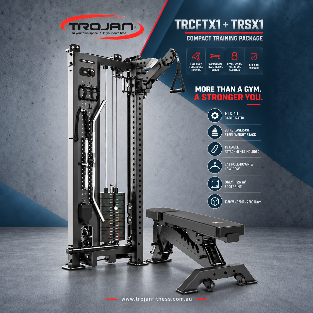 TRCFT-X1 ELITE Functional Trainer + SX1 Bench | Wall-Mount | 90kg Stack | 1:1–2:1 Ratio