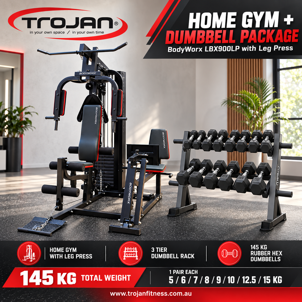Home Gym with Leg Press BodyWorx LBX900LP & 3 Tier D/Bell Rck 145 Kg Hex Dumbells