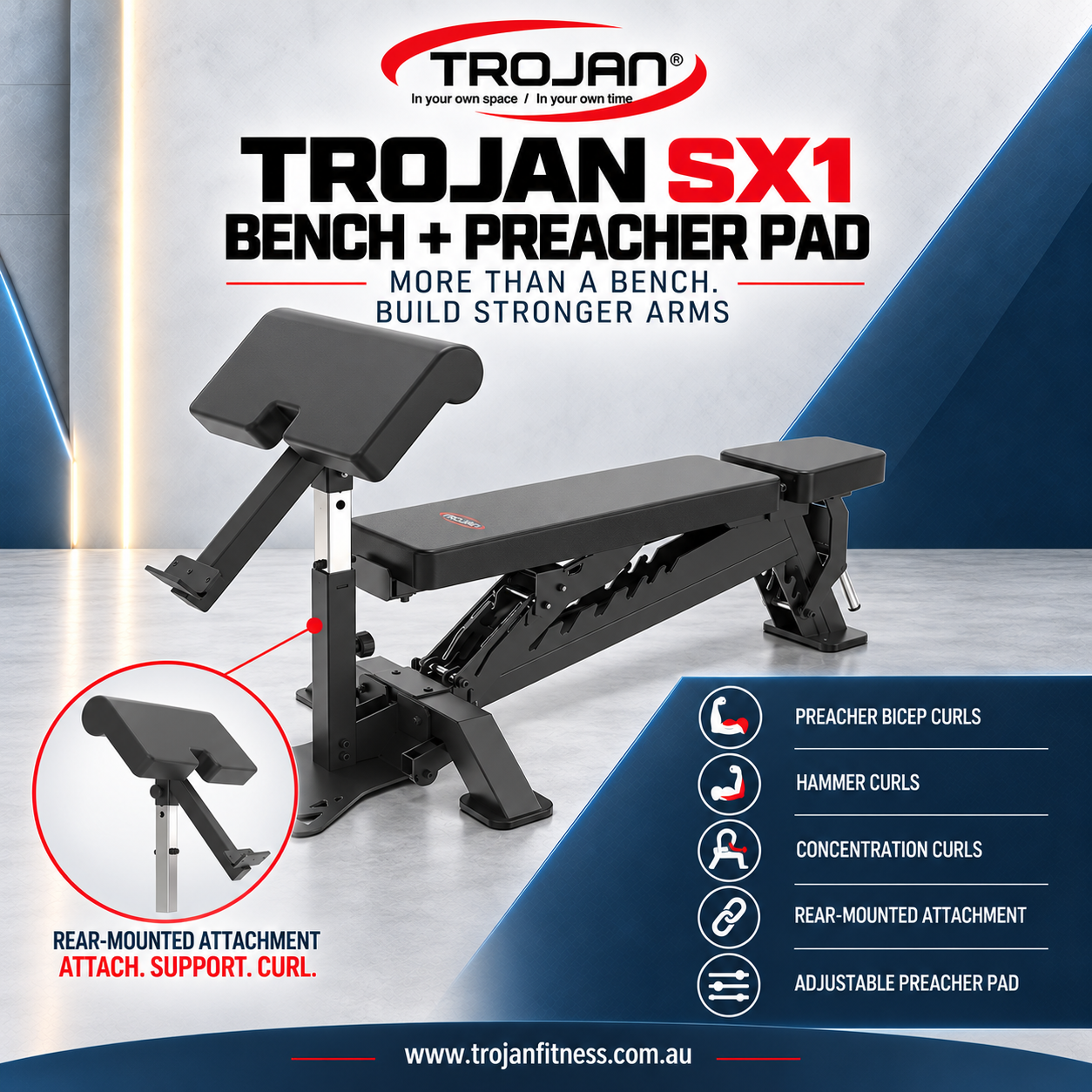 Trojan SX1 Elite Commercial Adjustable Bench & Preacher Curl Pad
