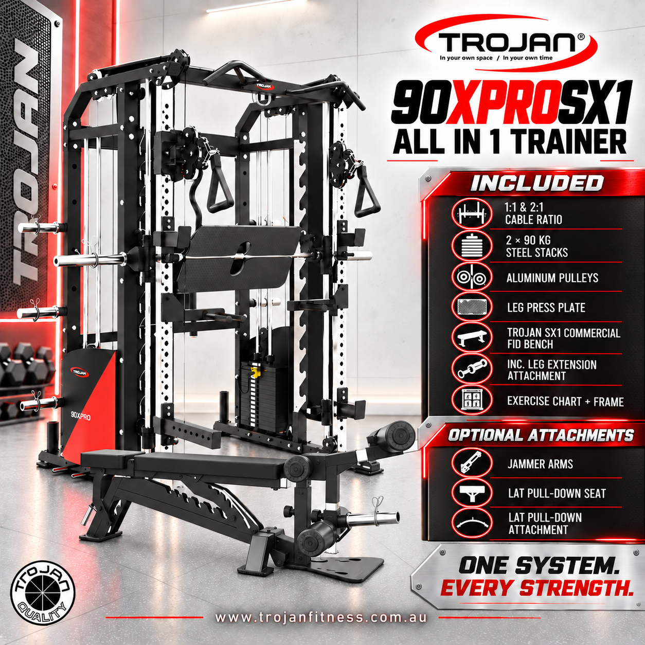 All in One Trainer 90XPRO Smith Functional Trainer 1:1 & 2:1 Cable Ratio + SX1 HD Bench