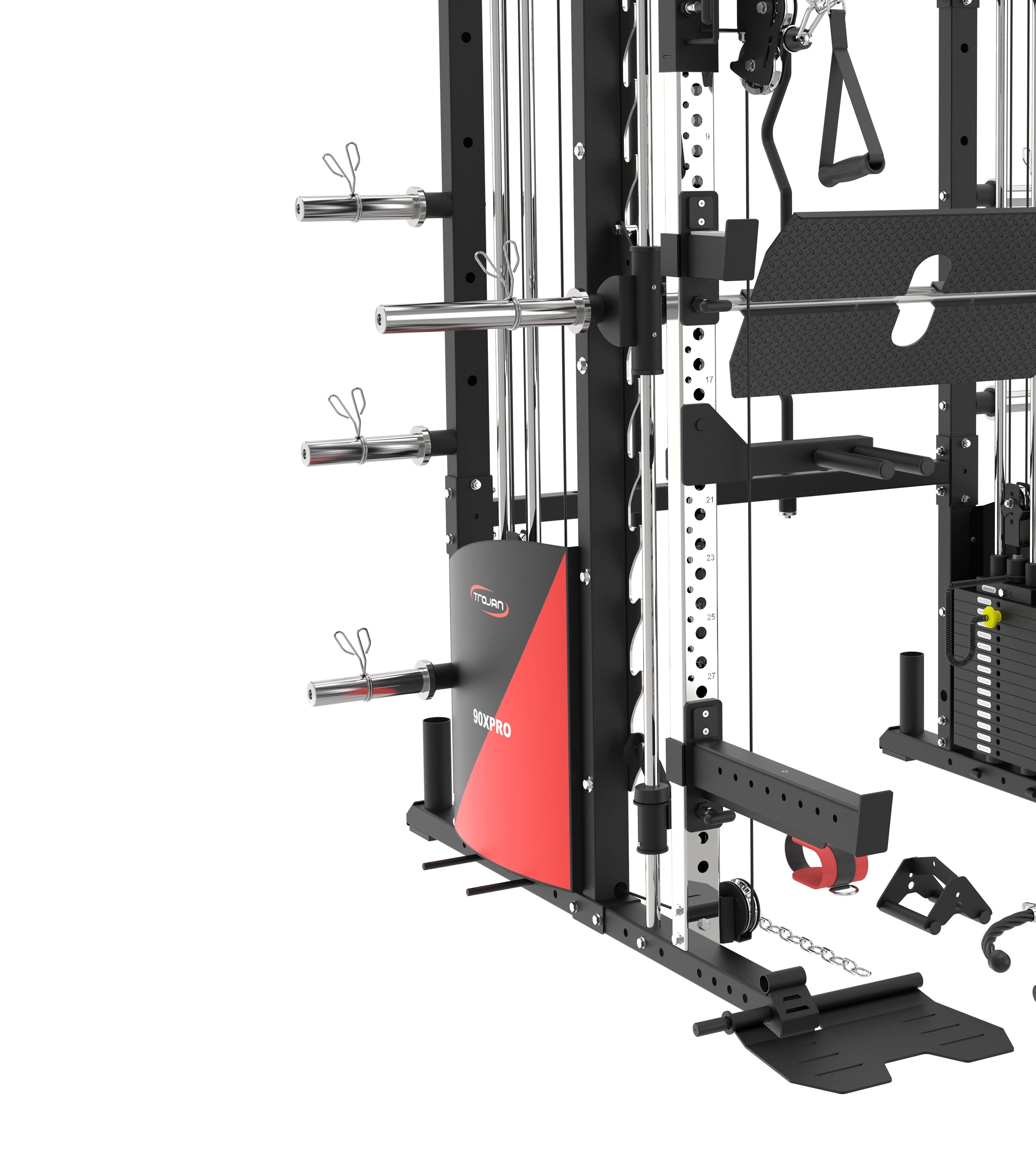All in One Trainer 90XPRO Smith Functional Trainer 1:1 & 2:1 Cable Ratio + Leg Press + XTR Bench + Jammer Arms