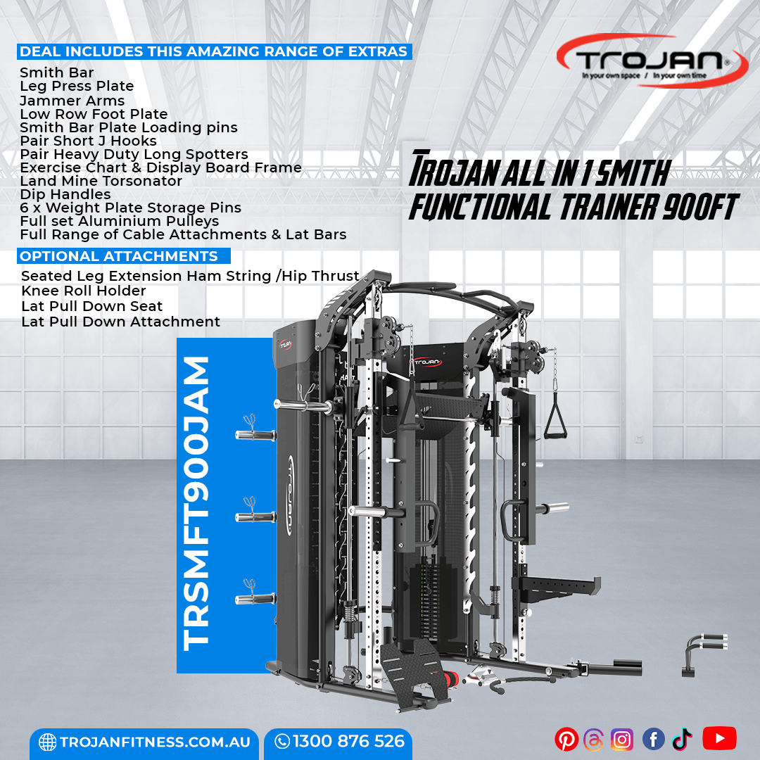 Trojan TRSM900FT Smith All in 1 Functional Trainer Leg Press + Jammer Arms + 150 KG Bumper Plates
