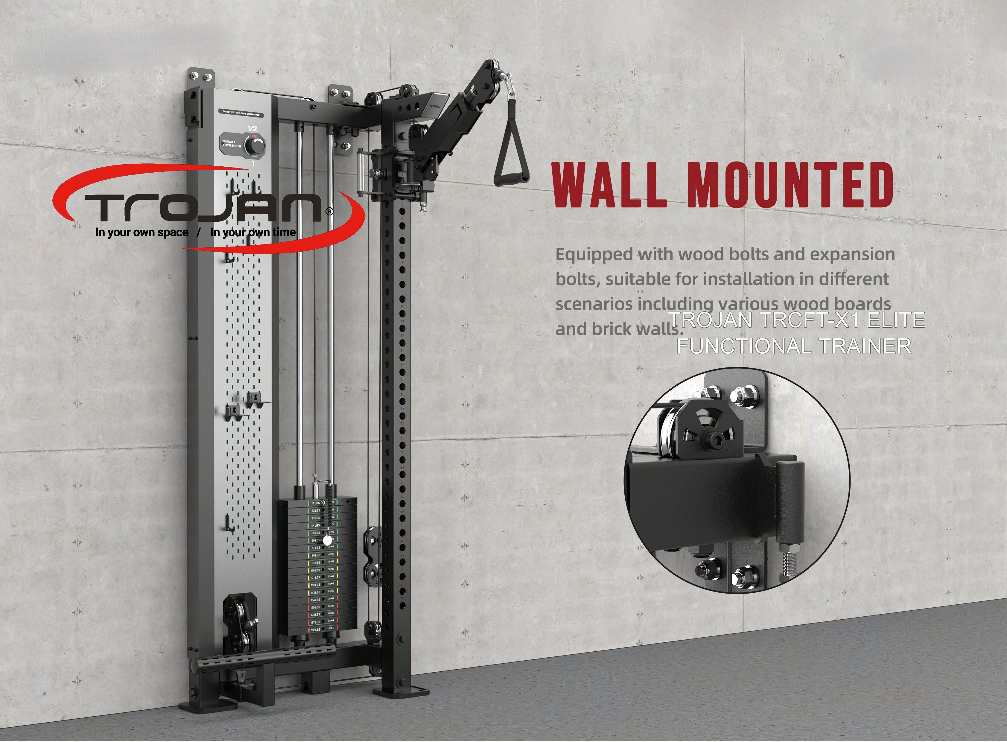 TRCFT-X1 ELITE Functional Trainer | Wall-Mounted Dual Cable System | 90kg Stack | 1:1 - 2:1 Cable Ratio