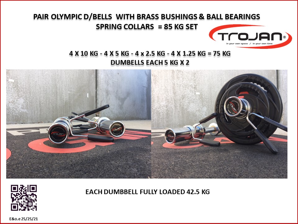 85 Kg Set Dumbbell Handles Olympic Pair Brass Bushing & Ball Bearing + Spring Collars