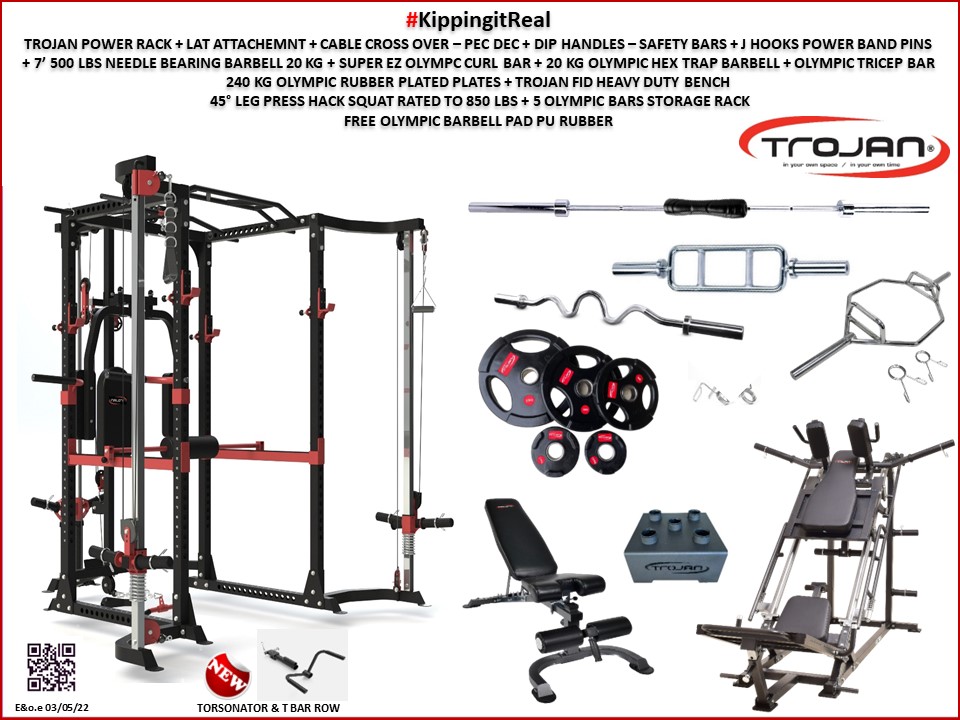 Power Rack Cable X Lat Cable Pec FID Bench 240 Kg Weights 45° Leg Press Hack Squat 4 x Olympic Bars + Storage Rack