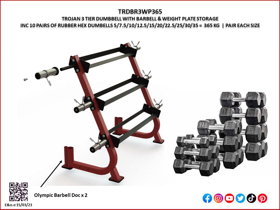 Rubber Hex Dumbbell Rack 3 Tier + Weight Plate & Barbell Storage + 365 Kg Rubber Dumbbells