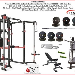 Power Rack Cable Cross Lat Pull Down + Dips + Barbell FID Bench 165 Kg Olympic Bumper Plates