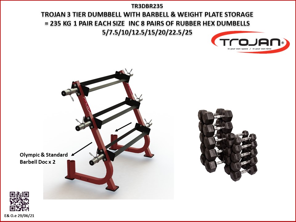 Rubber Hex Dumbbell Rack 3 Tier + Weight Plate & Barbell Storage + 235 Kg Rubber Dumbbells