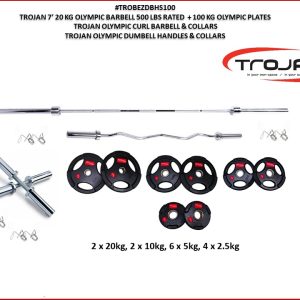 Olympic 100 Kg Barbell & Weight Pack 20 Kg Barbell + Olympic Curl Bar + Olympic Dumbbells