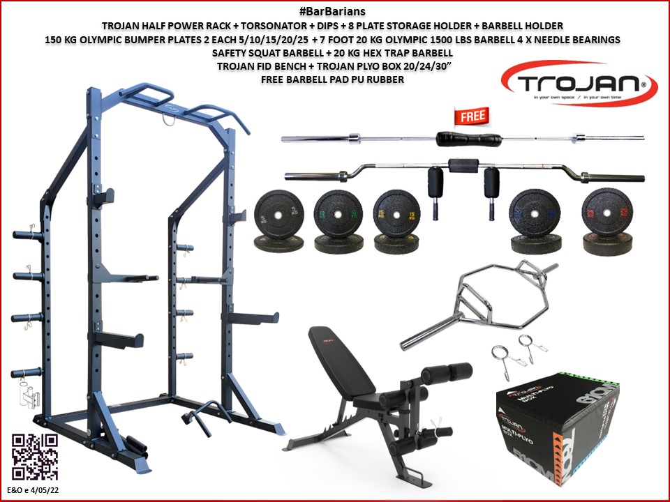 Trojan Half Squat Rack HD Inc Dips | FID Bench | 150 Kg Bumpers | 3 x Barbells | Plyo Box