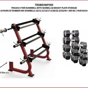 Rubber Hex Dumbbell Rack 3 Tier + Weight Plate & Barbell Storage + 305 Kg Rubber Dumbbells