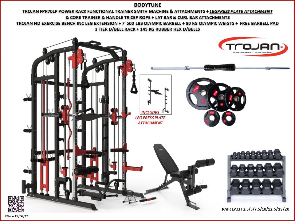 Functional Trainer Smith Machine Power Rack 80 Kg Olympic Plates 7' Olympic Barbell FID Bench 145 Kg D/Bells + 3 Tier D/Bell Rack