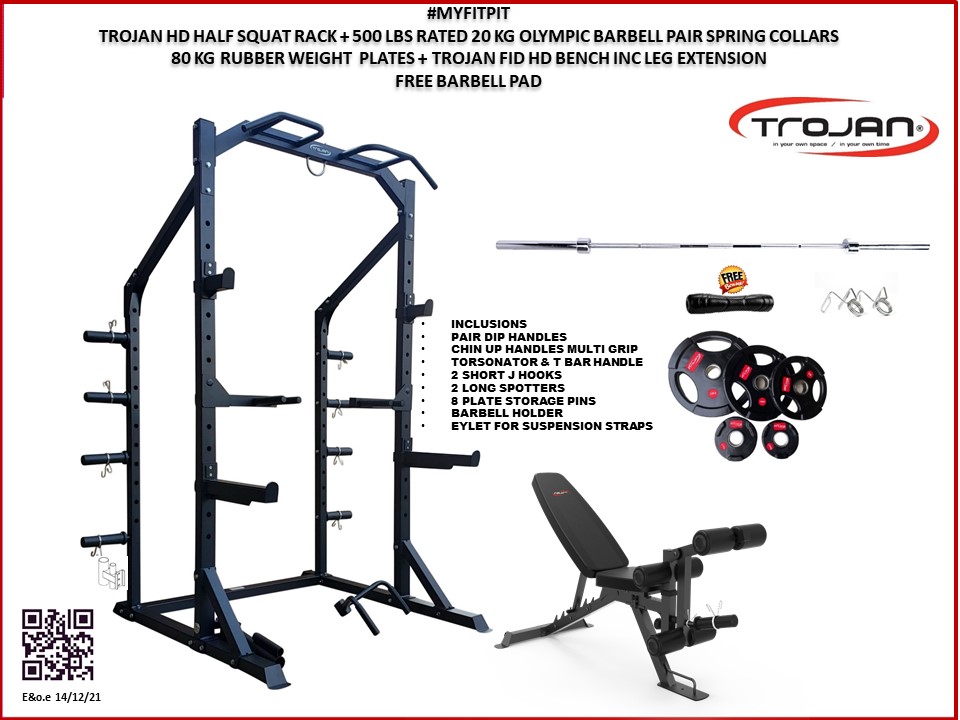 Squat Rack Inc Dips FID Bench + Leg Developer 80 Kg Olympic Plates 7' 20 Kg Olympic Bar