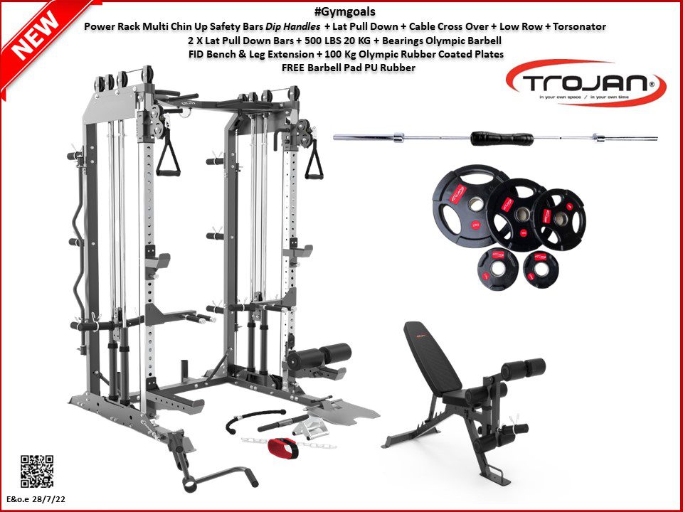 Power Rack Cable Cross Lat Pull Down Functional Trainer FID +Leg Ext Bench 100 Kg Weights Barbell