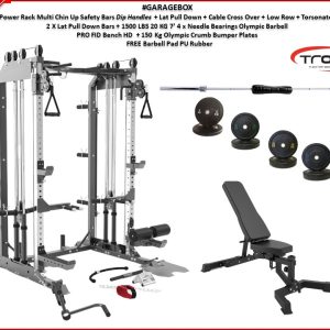 Power Rack Cable Cross Lat Pull Down Functional Trainer FID Bench 150 Kg Bumper Weights + Barbell