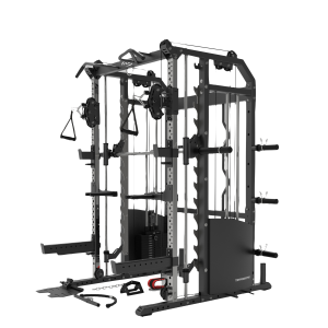 All in One Trainer 90XPRO Smith Functional Trainer 1:1 & 2:1 Cable Ratio + Leg Press + FID Bench 120 Kg Weights + Barbell