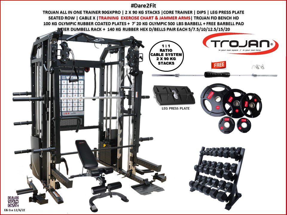 All in One Trainer 90XPRO Smith Functional Trainer 1:1 & 2:1 Cable Ratio + Leg Press + FID Bench 100 Kg Plates Barbell +140 Kg D/Bells & Rack