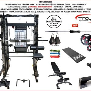 All in One Trainer 90XPRO Smith Functional Trainer 1:1 & 2:1 Cable Ratio + Leg Press + FID Bench 100 Kg Plates + Barbell+ D/Bells +