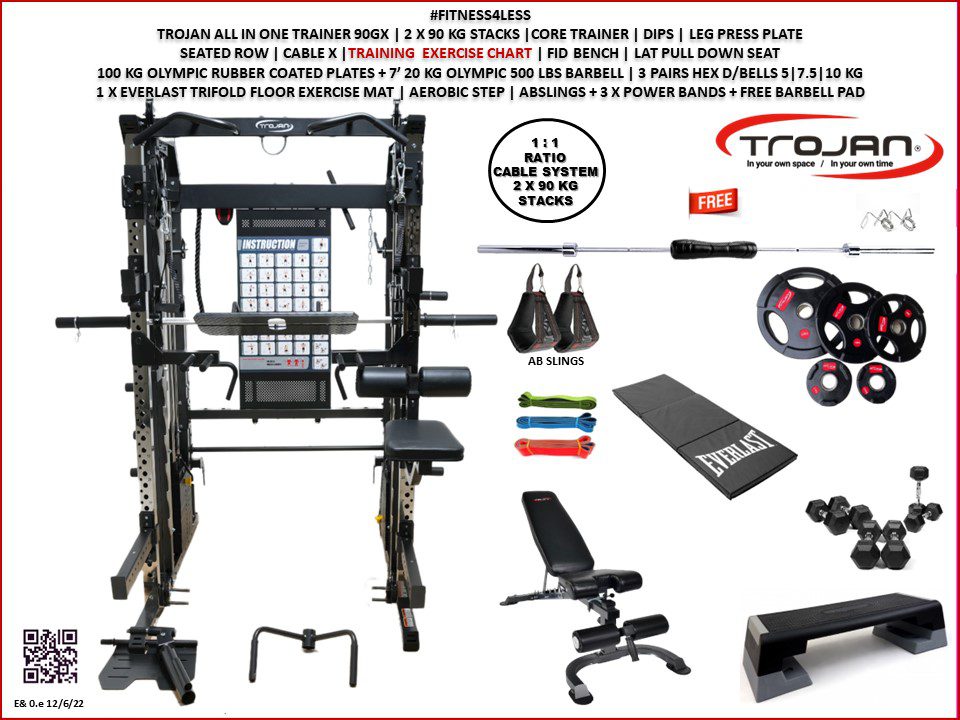 All in One Trainer 90XPRO Smith Functional Trainer 1:1 & 2:1 Cable Ratio + Leg Press + FID Bench 100 Kg Plates + Barbell+ D/Bells +