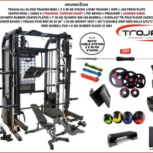 All in One Trainer 90XPRO Smith Functional Trainer 1:1 & 2:1 Cable Ratio + Leg Press + Jammers | FID Bench 100 Kg Plates + Barbell+