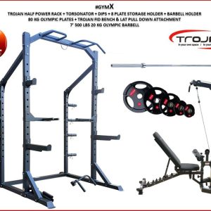 Trojan Half Squat Rack HD Inc Dips + Torsonator & T Bar Row Handle FID PRO Bench + Lat Pull Down + 80 Kg Plates + Barbell